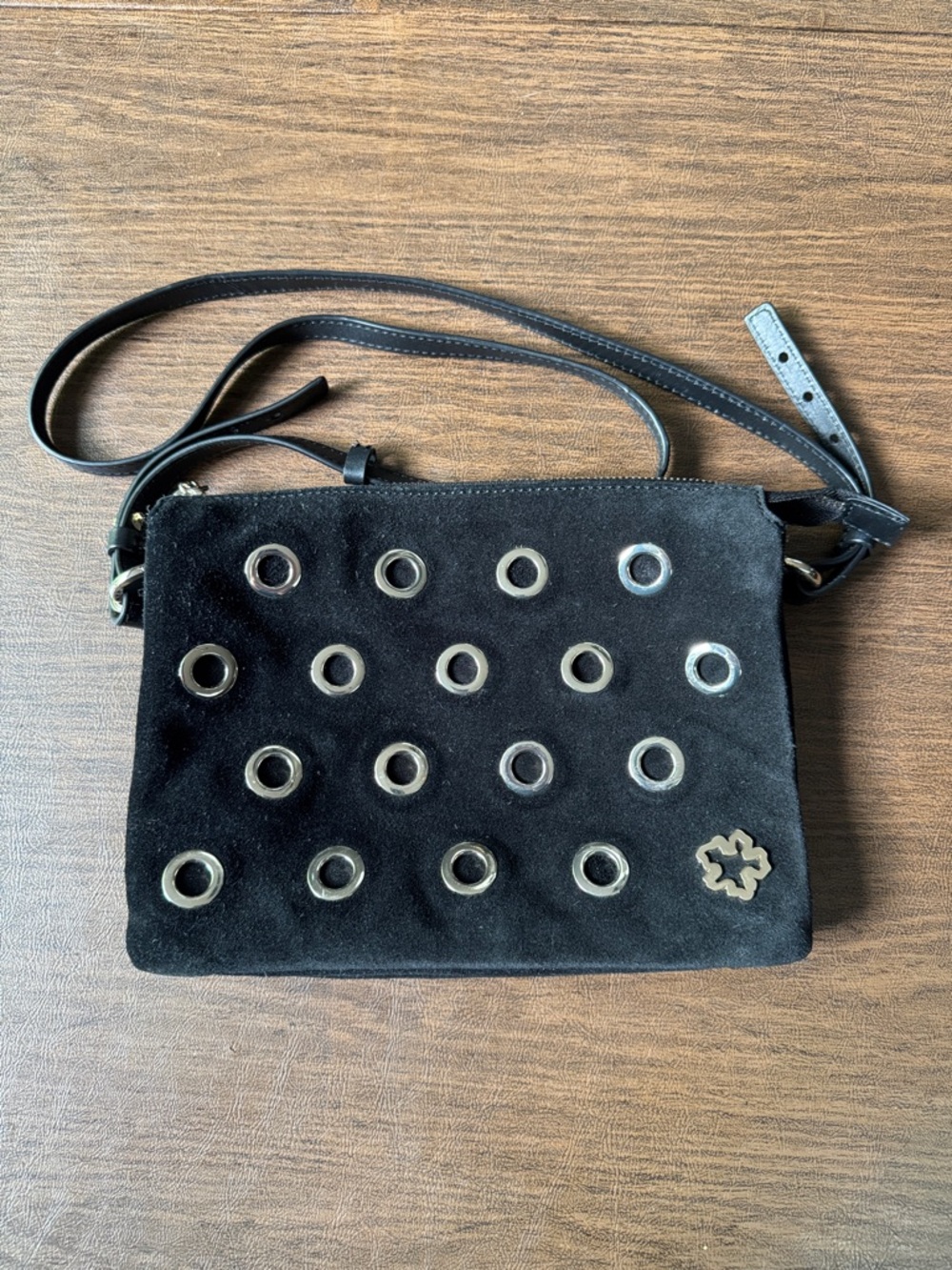 Ted Baker Suede Leather Crossbody in Black with Gold Metal Eyelets
